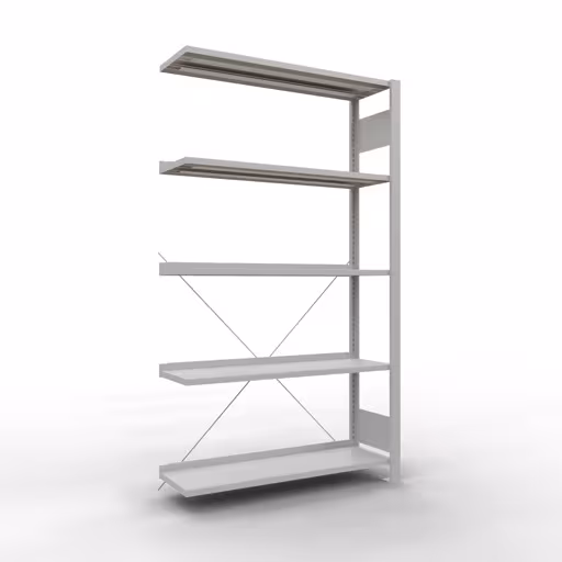 Anbauregal, Büro-Fachbodenregal Stecksystem MULTIplus85, 1800 x 1000 x 300 mm (HxBxT), 5 Fachböden, Kreuzstrebe, mit Anschlagleiste, lichtgrau von der Marke Schulte Lagertechnik Anbauregal, Büro-Fachbodenregal Stecksystem MULTIplus85, 1800 x 1000 x 300 mm (HxBxT), 5 Fachböden, Kreuzstrebe, mit Anschlagleiste, lichtgrau aus der Kategorie Stecksystem mit der Artikelnummer 36004