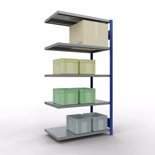 Abbildung Nr 11 des Artikels Anbauregal, Fachbodenregal Stecksystem MULTIplus250, 2000 x 1000 x 600 mm (HxBxT), 5 Fachböden, Längenriegel, RAL 5010 enzianblau/verzinkt aus der Produktgruppe Stecksystem von der Marke Schulte Lagertechnik