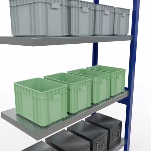 Abbildung Nr 10 des Artikels Anbauregal, Fachbodenregal Stecksystem MULTIplus330, 2500 x 1000 x 400 mm (HxBxT), 6 Fachböden, Längenriegel, RAL 5010 enzianblau/verzinkt aus der Produktgruppe Stecksystem von der Marke Schulte Lagertechnik