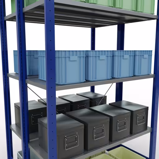 Produktbild Nr.13 des Artikels Grundregal, Doppelregal, Fachbodenregal Stecksystem MULTIplus150, 2000 x 1000 x (2x400) mm (HxBxT), 2x5 Fachböden, Kreuzstrebe, RAL 5010 enzianblau aus der Produktreihe Fachbodenregale von der Marke Schulte Lagertechnik