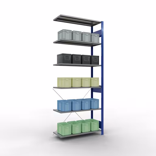 Produktbild Nr.14 des Artikels Anbauregal, Fachbodenregal Stecksystem MULTIplus150, 2500 x 1000 x 400 mm (HxBxT), 6 Fachböden, Kreuzstrebe, RAL 5010/verzinkt aus der Produktreihe Stecksystem von der Marke Schulte Lagertechnik