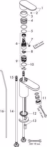 Technische Zeichnung 4038214 Hansgrohe Einhebel-Waschtischmischer VERNIS Blend 100 mit Zugstangen-Ablaufgarnitur 1 1/4 Zoll chrom