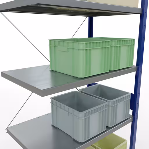 Abbildung Nr 13 des Artikels Anbauregal, Fachbodenregal Stecksystem MULTIplus330, 3000 x 1000 x 600 mm (HxBxT), 7 Fachböden, Kreuzstrebe, RAL 5010 enzianblau/verzinkt aus der Produktgruppe Stecksystem von der Marke Schulte Lagertechnik