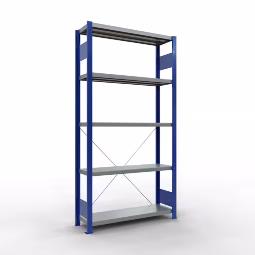 Grundregal, Fachbodenregal Stecksystem MULTIplus330, 2000 x 1000 x 300 mm (HxBxT), 5 Fachböden, Kreuzstrebe, RAL 5010 enzianblau/verzinkt aus der Kategorie Grundregal mit der Artikelnummer 13930-B
