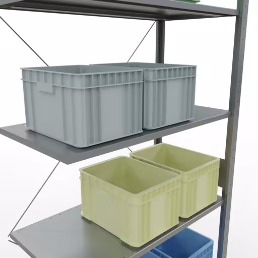 Zusatzbild des Artikels Anbauregal, Fachbodenregal Stecksystem MULTIplus85, 3000 x 1000 x 500 mm (HxBxT), 7 Fachböden, Kreuzstrebe, verzinkt aus Anbauregal