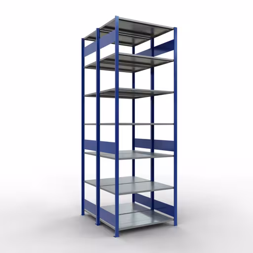 Grundregal, Doppelregal, Fachbodenregal Stecksystem MULTIplus150, 3000 x 1000 x (2x600) mm (HxBxT), 2x7 Fachböden, Längenriegel, RAL 5010 enzianblau aus der Kategorie Doppelregale mit der Artikelnummer 33162-B