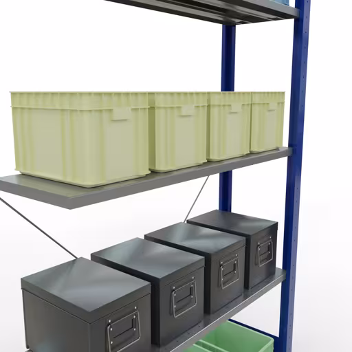 Produktbild Nr.14 des Artikels Anbauregal, Fachbodenregal Stecksystem MULTIplus150, 2000 x 1000 x 300 mm (HxBxT), 5 Fachböden, Kreuzstrebe, RAL 5010/verzinkt aus der Produktreihe Stecksystem von der Marke Schulte Lagertechnik