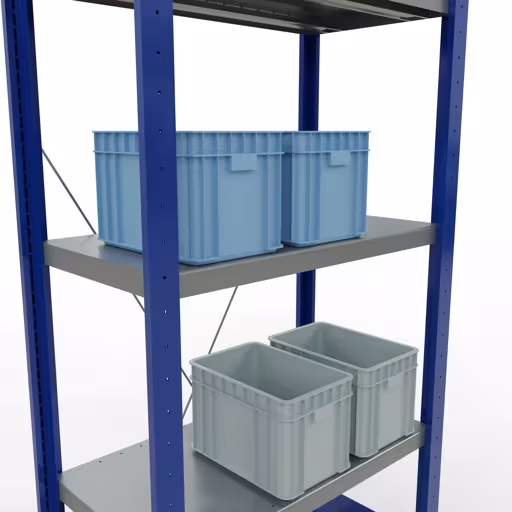 Produktbild Nr 14 des Artikels Grundregal, Fachbodenregal Stecksystem MULTIplus250, 2000 x 750 x 400 mm (HxBxT), 5 Fachböden, Kreuzstrebe, RAL 5010 enzianblau/verzinkt/verzinkt Abbildung Nr 14 des Artikels Grundregal, Fachbodenregal Stecksystem MULTIplus250, 2000 x 750 x 400 mm (HxBxT), 5 Fachböden, Kreuzstrebe, RAL 5010 enzianblau/verzinkt/verzinkt aus der Produktgruppe Stecksystem von der Marke Schulte Lagertechnik