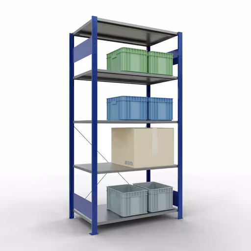 Grundregal, Fachbodenregal Stecksystem MULTIplus85, 2000 x 1000 x 600 mm (HxBxT), 5 Fachböden, Kreuzstrebe, RAL 5010 enzianblau von Schulte Lagertechnik mit der Artikelnr. 13160-B