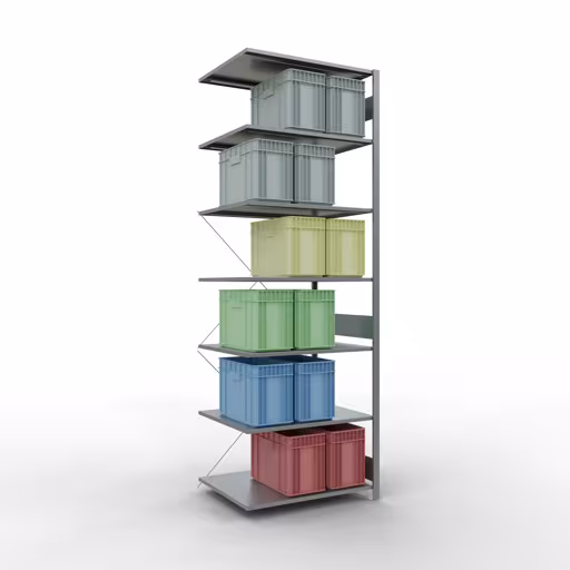 Abbildung Nr 12 des Artikels Anbauregal, Fachbodenregal Stecksystem MULTIplus150, 3000 x 1000 x 800 mm (HxBxT), 7 Fachböden, Kreuzstrebe, verzinkt aus der Produktgruppe Stecksystem von der Marke Schulte Lagertechnik