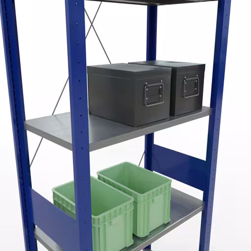 Produktbild Nr.13 des Artikels Grundregal, Fachbodenregal Stecksystem MULTIplus150, 3000 x 750 x 400 mm (HxBxT), 7 Fachböden, Kreuzstrebe, RAL 5010 enzianblau/verzinkt/verzinkt aus der Produktreihe Stecksystem von der Marke Schulte Lagertechnik