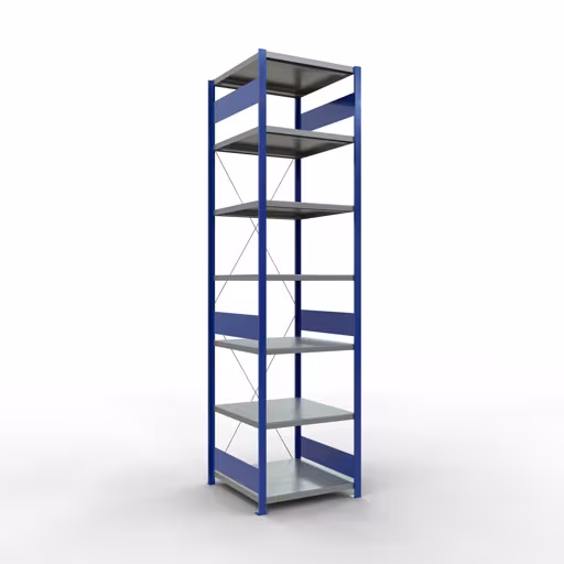 Grundregal, Fachbodenregal Stecksystem MULTIplus250, 3000 x 750 x 800 mm (HxBxT), 7 Fachböden, Kreuzstrebe, RAL 5010 enzianblau/verzinkt/verzinkt aus der Kategorie Grundregal mit der Artikelnummer 12982-75-B
