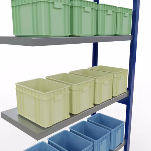 Abbildung Nr 14 des Artikels Anbauregal, Fachbodenregal Stecksystem MULTIplus250, 2500 x 1000 x 400 mm (HxBxT), 6 Fachböden, Längenriegel, RAL 5010 enzianblau/verzinkt aus der Produktgruppe Stecksystem von der Marke Schulte Lagertechnik