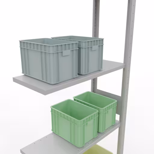 Produktbild Nr.7 des Artikels Anbauregal, Fachbodenregal Stecksystem MULTIplus150, 3000 x 750 x 300 mm (HxBxT), 7 Fachböden, Längenriegel, RAL 7035 lichtgrau aus der Produktreihe Stecksystem von der Marke Schulte Lagertechnik