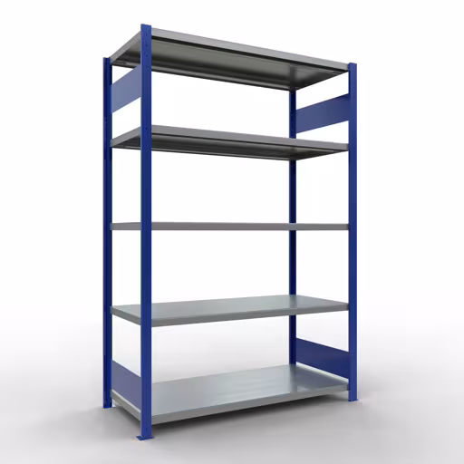 Grundregal, Fachbodenregal Stecksystem MULTIplus250, 2000 x 1300 x 600 mm (HxBxT), 5 Fachböden, Längenriegel, RAL 5010 enzianblau/verzinkt aus der Kategorie Grundregal mit der Artikelnummer 12960-130-LR-B