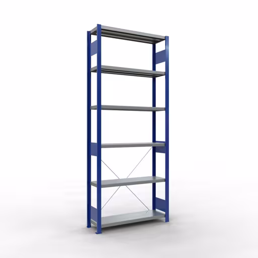 Grundregal, Fachbodenregal Stecksystem MULTIplus330, 2500 x 1000 x 300 mm (HxBxT), 6 Fachböden, Kreuzstrebe, RAL 5010 enzianblau/verzinkt aus der Kategorie Grundregal mit der Artikelnummer 13931-B