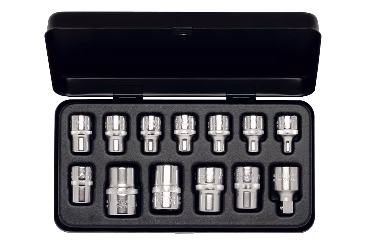 Steckschlüssel-Satz 3/8"+1/2", TORX®, 13-teilig 5-24 mm, ELORA-877-TXE aus der Kategorie Steckschlüssel-Sortiment 3/8" mit der Artikelnr. 0877500102000
