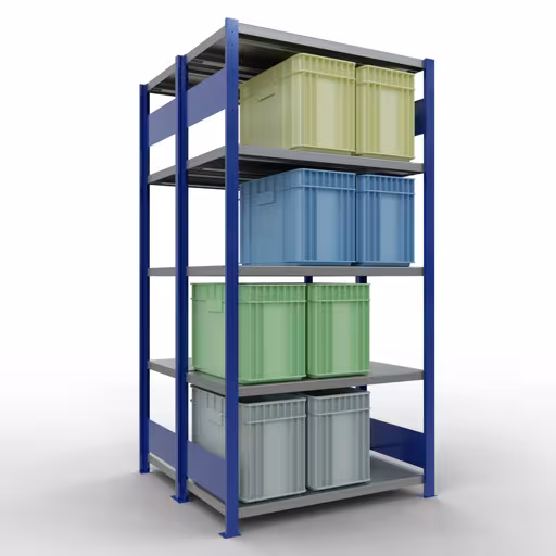 Andere Ansicht des Artikels Grundregal, Doppelregal, Fachbodenregal Stecksystem MULTIplus250, 2000 x 1000 x (2x500) mm (HxBxT), 2x5 Fachböden, Längenriegel, RAL 5010 enzianblau aus der Kategorie Fachbodenregale
