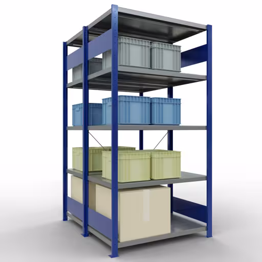 Grundregal, Doppelregal, Fachbodenregal Stecksystem MULTIplus250, 2000 x 1000 x (2x600) mm (HxBxT), 2x5 Fachböden, Kreuzstrebe, RAL 5010 enzianblau aus der Kategorie Doppelregale mit der GTIN 4004514292193 Grundregal, Doppelregal, Fachbodenregal Stecksystem MULTIplus250, 2000 x 1000 x (2x600) mm (HxBxT), 2x5 Fachböden, Kreuzstrebe, RAL 5010 enzianblau von der Marke Schulte Lagertechnik aus der Produktreihe Fachbodenregale