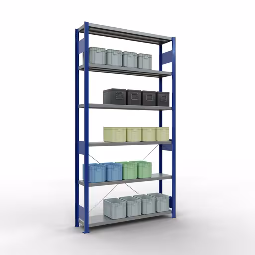 Grundregal, Fachbodenregal Stecksystem MULTIplus250, 2500 x 1300 x 300 mm (HxBxT), 6 Fachböden, Kreuzstrebe, RAL 5010 enzianblau/verzinkt von der Marke Schulte Lagertechnik aus der Produktreihe Stecksystem