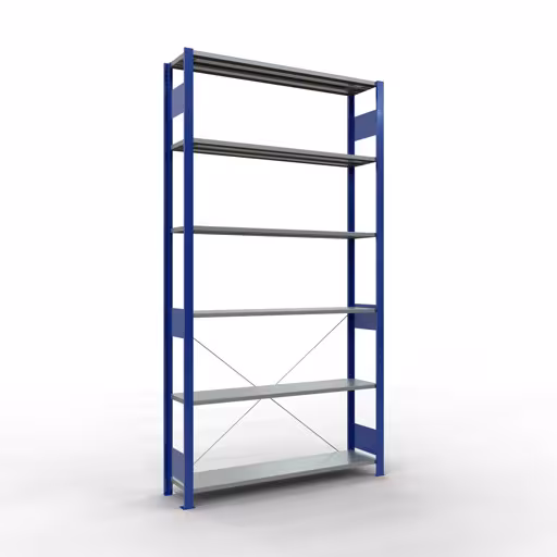 Grundregal, Fachbodenregal Stecksystem MULTIplus150, 2500 x 1300 x 300 mm (HxBxT), 6 Fachböden, Kreuzstrebe, RAL 5010 enzianblau/verzinkt aus der Kategorie Grundregal mit der Artikelnummer 12731-130-B