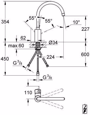 Technische Zeichnung 4046466 GROHE Einhand-Spültischbatterie Eurosmart C 31180 hoher Auslauf Niederdruck chrom
