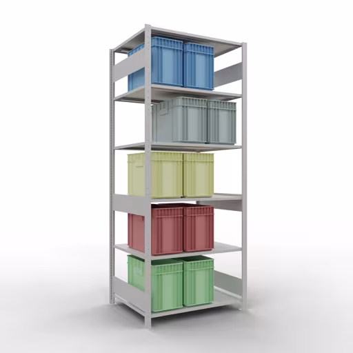 Andere Ansicht des Artikels Grundregal, Fachbodenregal Stecksystem MULTIplus150, 2500 x 1000 x 800 mm (HxBxT), 6 Fachböden, Längenriegel, RAL 7035 lichtgrau aus der Kategorie Grundregal