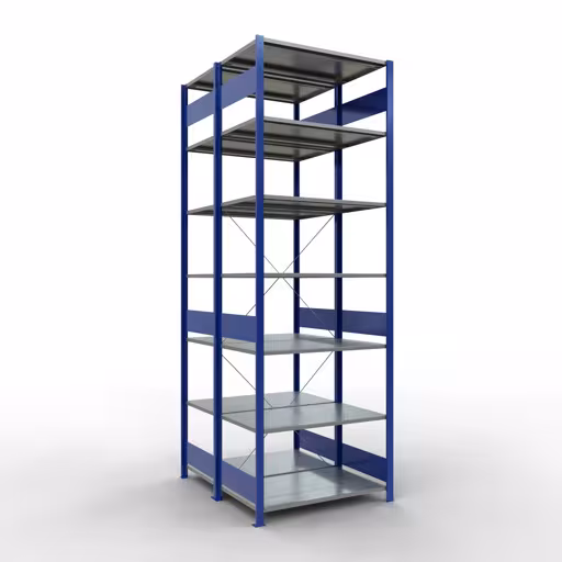 Grundregal, Doppelregal, Fachbodenregal Stecksystem MULTIplus150, 3000 x 1000 x (2x1200) mm (HxBxT), 2x7 Fachböden, Kreuzstrebe, RAL 5010 enzianblau aus der Kategorie Doppelregale mit der Artikelnummer 32762-B