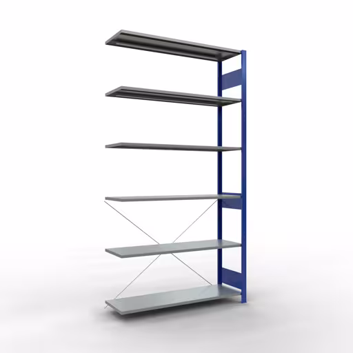 Anbauregal, Fachbodenregal Stecksystem MULTIplus150, 2500 x 1300 x 400 mm (HxBxT), 6 Fachböden, Kreuzstrebe, RAL 5010 enzianblau/verzinkt aus der Kategorie Anbauregal mit der Artikelnummer 12746-130-B