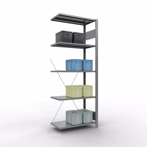 Andere Ansicht des Artikels Anbauregal, Fachbodenregal Stecksystem MULTIplus150, 2000 x 750 x 400 mm (HxBxT), 5 Fachböden, Kreuzstrebe, verzinkt aus der Kategorie Stecksystem
