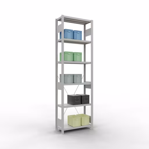 Produktbild Nr 14 des Artikels Grundregal, Fachbodenregal Stecksystem MULTIplus250, 2500 x 750 x 300 mm (HxBxT), 6 Fachböden, Kreuzstrebe, RAL 7035 lichtgrau Abbildung Nr 14 des Artikels Grundregal, Fachbodenregal Stecksystem MULTIplus250, 2500 x 750 x 300 mm (HxBxT), 6 Fachböden, Kreuzstrebe, RAL 7035 lichtgrau aus der Produktgruppe Stecksystem von der Marke Schulte Lagertechnik