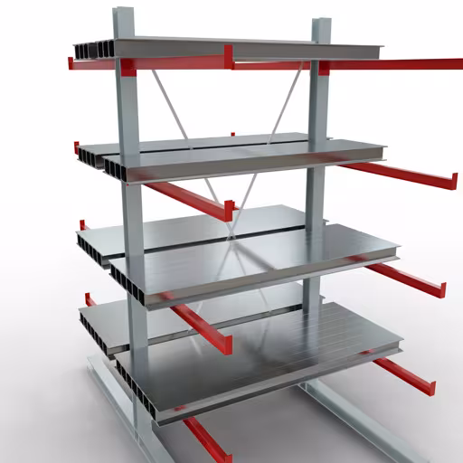 K 6000 Komplettregal, doppelseitig, 3000 x 1500 x 2x 1250 mm, RAL 7001 / RAL 3000, 5 Lagerebenen aus der Kategorie K6000 für schwere Güter mit der GTIN 4058255011261 K 6000 Komplettregal, doppelseitig, 3000 x 1500 x 2x 1250 mm, RAL 7001 / RAL 3000, 5 Lagerebenen von der Marke Schulte Lagertechnik aus der Produktreihe Kragarmregale