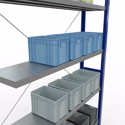 Abbildung Nr 13 des Artikels Anbauregal, Fachbodenregal Stecksystem MULTIplus250, 3000 x 1300 x 300 mm (HxBxT), 7 Fachböden, Kreuzstrebe, RAL 5010 enzianblau/verzinkt aus der Produktgruppe Stecksystem von der Marke Schulte Lagertechnik