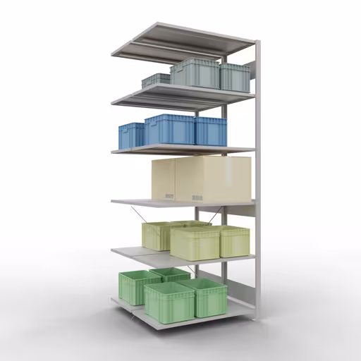 Anbauregal, Doppelregal, Fachbodenregal Stecksystem MULTIplus150, 2500 x 1000 x (2x500) mm (HxBxT), 2x6 Fachböden, Kreuzstrebe, RAL 7035 lichtgrau mit der Artikelnr. 32756 Anbauregal, Doppelregal, Fachbodenregal Stecksystem MULTIplus150, 2500 x 1000 x (2x500) mm (HxBxT), 2x6 Fachböden, Kreuzstrebe, RAL 7035 lichtgrau von Schulte Lagertechnik aus der Kategorie Fachbodenregale