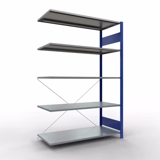 Anbauregal, Fachbodenregal Stecksystem MULTIplus150, 2000 x 1300 x 600 mm (HxBxT), 5 Fachböden, Kreuzstrebe, RAL 5010 enzianblau/verzinkt aus der Kategorie Anbauregal mit der Artikelnummer 12765-130-B