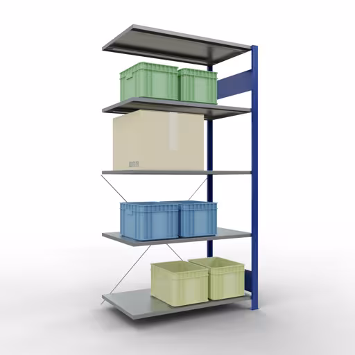 Produktbild Nr.6 des Artikels Anbauregal, Fachbodenregal Stecksystem MULTIplus150, 2000 x 1000 x 600 mm (HxBxT), 5 Fachböden, Kreuzstrebe, RAL 5010/verzinkt aus der Produktreihe Stecksystem von der Marke Schulte Lagertechnik
