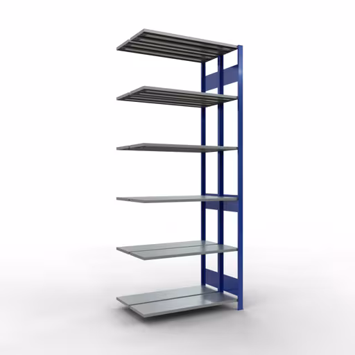 Anbauregal, Doppelregal, Fachbodenregal Stecksystem MULTIplus150, 2500 x 1000 x (2x300) mm (HxBxT), 2x6 Fachböden, Längenriegel, RAL 5010 enzianblau aus der Kategorie Doppelregale mit der Artikelnummer 33136-B