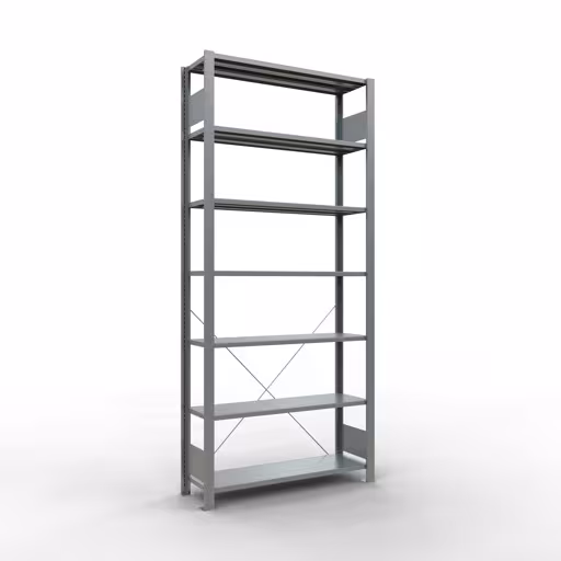 Grundregal, Büro-Fachbodenregal Stecksystem MULTIplus85, 2300 x 1000 x 300 mm (HxBxT), 7 Fachböden, Kreuzstrebe, verzinkt, ohne Anschlagleiste von der Marke Schulte Lagertechnik Grundregal, Büro-Fachbodenregal Stecksystem MULTIplus85, 2300 x 1000 x 300 mm (HxBxT), 7 Fachböden, Kreuzstrebe, verzinkt, ohne Anschlagleiste aus der Kategorie Stecksystem mit der Artikelnummer 17731