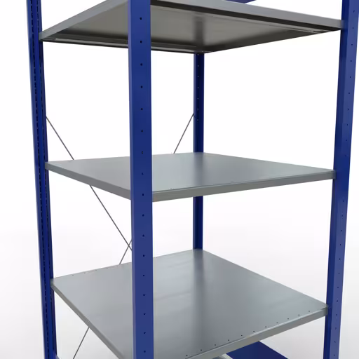Andere Ansicht des Artikels Grundregal, Fachbodenregal Stecksystem MULTIplus150, 2000 x 750 x 800 mm (HxBxT), 5 Fachböden, Kreuzstrebe, RAL 5010 enzianblau/verzinkt/verzinkt aus der Kategorie Stecksystem