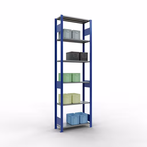 Grundregal, Fachbodenregal Stecksystem MULTIplus150, 2500 x 750 x 300 mm (HxBxT), 6 Fachböden, Längenriegel, RAL 5010 enzianblau/verzinkt/verzinkt von Schulte Lagertechnik aus der Kategorie Stecksystem