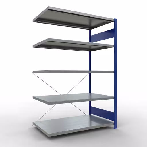Anbauregal, Fachbodenregal Stecksystem MULTIplus250, 2000 x 1300 x 800 mm (HxBxT), 5 Fachböden, Kreuzstrebe, RAL 5010 enzianblau/verzinkt aus der Kategorie Anbauregal mit der Artikelnummer 12985-130-B