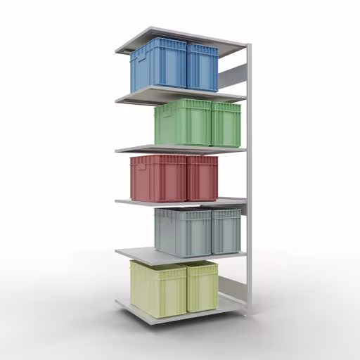Andere Ansicht des Artikels Anbauregal, Fachbodenregal Stecksystem MULTIplus150, 2500 x 1000 x 800 mm (HxBxT), 6 Fachböden, Längenriegel, RAL 7035 lichtgrau aus der Kategorie Anbauregal