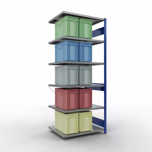 Abbildung Nr 7 des Artikels Anbauregal, Fachbodenregal Stecksystem MULTIplus330, 2500 x 1000 x 800 mm (HxBxT), 6 Fachböden, Kreuzstrebe, RAL 5010 enzianblau/verzinkt aus der Produktgruppe Stecksystem von der Marke Schulte Lagertechnik