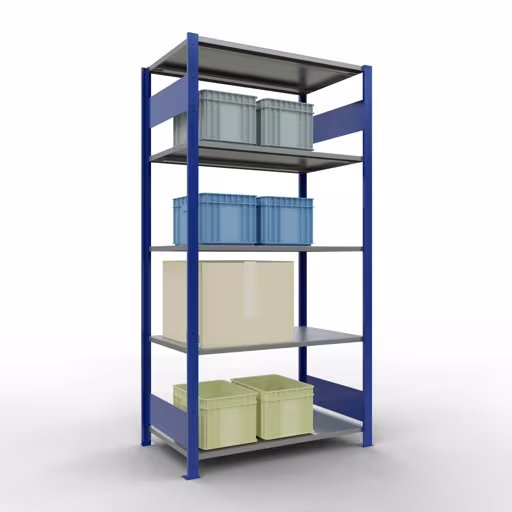 Zusatzbild des Artikels Grundregal, Fachbodenregal Stecksystem MULTIplus150, 2000 x 1000 x 600 mm (HxBxT), 5 Fachböden, Längenriegel, RAL 5010 enzianblau/verzinkt aus Grundregal