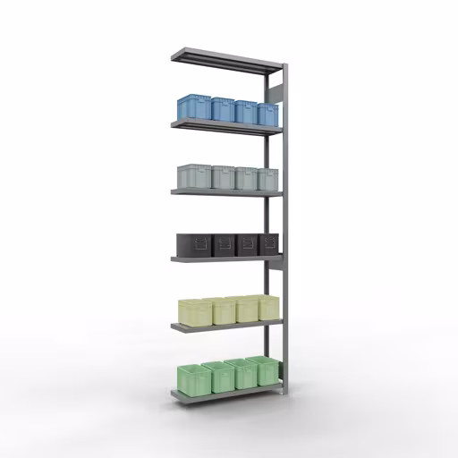 Produktbild Nr.13 des Artikels Anbauregal, Fachbodenregal Stecksystem MULTIplus250, 3000 x 1000 x 300 mm (HxBxT), 7 Fachböden, Längenriegel, verzinkt aus der Produktreihe Stecksystem von der Marke Schulte Lagertechnik