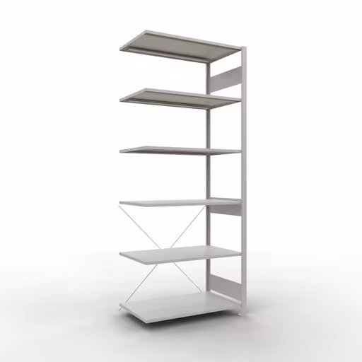 Anbauregal, Fachbodenregal Stecksystem MULTIplus85, 2500 x 1000 x 600 mm (HxBxT), 6 Fachböden, Kreuzstrebe, RAL 7035 lichtgrau aus der Kategorie Anbauregal mit der Artikelnummer 33066