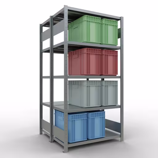 Grundregal, Doppelregal, Fachbodenregal Stecksystem MULTIplus250, 2000 x 1000 x (2x500) mm (HxBxT), 2x5 Fachböden, Längenriegel, verzinkt von Schulte Lagertechnik aus der Kategorie Fachbodenregale