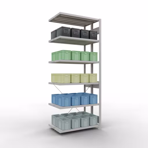 Anbauregal, Doppelregal, Fachbodenregal Stecksystem MULTIplus250, 2500 x 1000 x (2x300) mm (HxBxT), 2x6 Fachböden, Kreuzstrebe, RAL 7035 lichtgrau von Schulte Lagertechnik aus der Kategorie Fachbodenregale