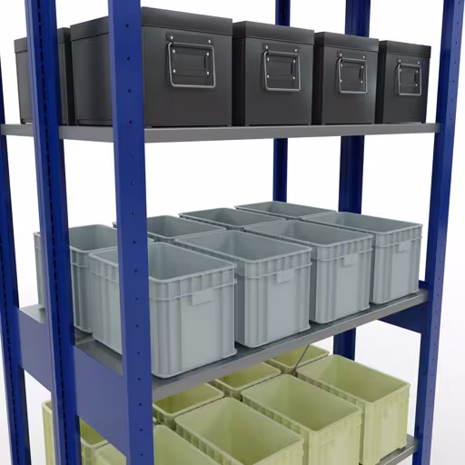 Produktbild Nr.13 des Artikels Grundregal, Doppelregal, Fachbodenregal Stecksystem MULTIplus150, 2500 x 1000 x (2x300) mm (HxBxT), 2x6 Fachböden, Kreuzstrebe, RAL 5010 enzianblau aus der Produktreihe Fachbodenregale von der Marke Schulte Lagertechnik