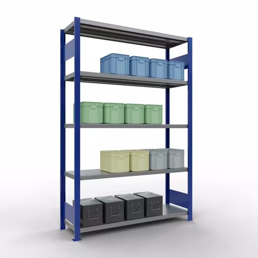 Produktbild Nr 14 des Artikels Grundregal, Fachbodenregal Stecksystem MULTIplus250, 2000 x 1300 x 400 mm (HxBxT), 5 Fachböden, Längenriegel, RAL 5010 enzianblau/verzinkt Abbildung Nr 14 des Artikels Grundregal, Fachbodenregal Stecksystem MULTIplus250, 2000 x 1300 x 400 mm (HxBxT), 5 Fachböden, Längenriegel, RAL 5010 enzianblau/verzinkt aus der Produktgruppe Stecksystem von der Marke Schulte Lagertechnik